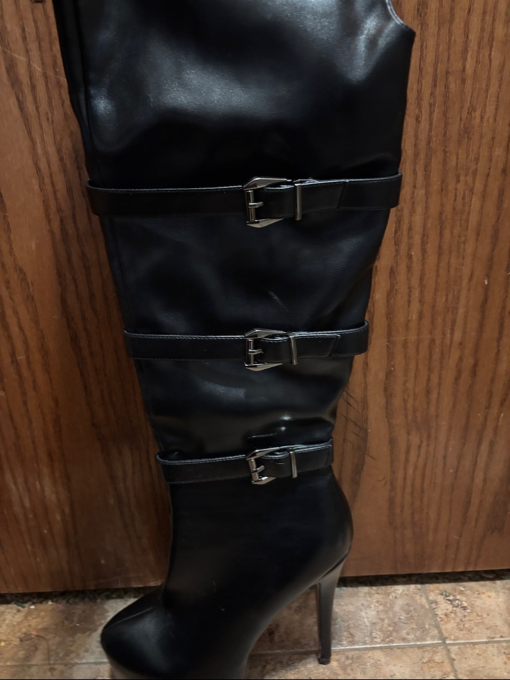 Vintage Black Over-the-Knee Buckle Strap High Heel Boots